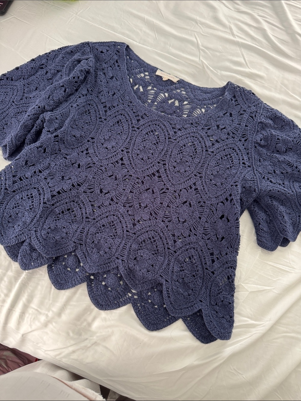 Solitaire Navy Crochet Puff Sleeve Scoop Neck Top